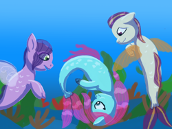 Size: 2048x1536 | Tagged: safe, artist:php176, derpibooru exclusive, jazz hooves, pipp petals, rocky riff, earth pony, pegasus, pony, seapony (g4), g5, bubble, coral, dorsal fin, female, fin, fin wings, fins, fish tail, flowing mane, flowing tail, holding breath, hoof polish, lineless, looking at each other, looking at someone, looking up, male, mare, missing accessory, ocean, scales, seaponified, seapony jazz hooves, seapony pipp petals, seapony rocky riff, seaweed, shading, smiling, smiling at each other, species swap, stallion, swimming, tail, transformed, trio, underwater, upside down, water, wet, wings
