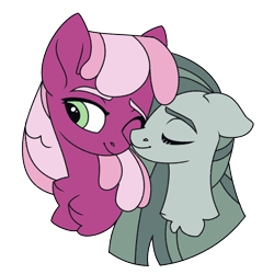 Size: 1500x1500 | Tagged: safe, artist:beautifulspaceshow, artist:icicle-niceicle-1517, color edit, edit, cheerilee, marble pie, earth pony, pony, g4, bust, chest fluff, collaboration, colored, duo, eyes closed, female, lesbian, marbilee, mare, nuzzling, one eye closed, shipping, simple background, transparent background