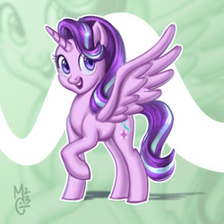Size: 1280x1280 | Tagged: safe, artist:gmircea, starlight glimmer, alicorn, pony, g4, alicornified, cute, female, glimmerbetes, happy, looking at you, mare, open mouth, open smile, race swap, raised hoof, smiling, solo, spread wings, starlicorn, wings, xk-class end-of-the-world scenario