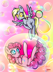 Size: 2200x3000 | Tagged: safe, artist:loverashley, derpy hooves, pinkie pie, earth pony, pegasus, pony, g4, abstract background, bubble, bubble wand, duo, ear fluff, eyelashes, female, floating, flying, high res, in bubble, mare, pinkie pie trapped in a bubble, wings