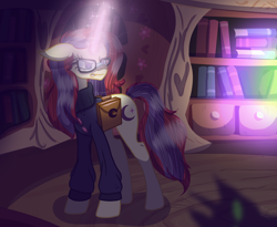 Size: 1024x841 | Tagged: safe, artist:brybrychan, moondancer, pony, unicorn, g4, bag, book, bookshelf, female, glowing, glowing horn, golden oaks library, horn, mare, saddle bag, shadow, solo, story in the source