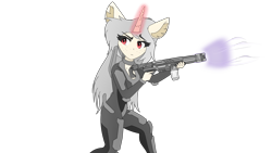 Size: 3840x2160 | Tagged: safe, artist:straighttothepointstudio, oc, oc only, unicorn, anthro, g5, anime, anthro oc, armor, clothes, digital art, ear fluff, energy weapon, female, freckles, grey hair, gun, high res, long hair, looking back, magic, red eyes, rifle, simple background, solo, transparent background, weapon