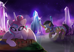 Size: 1500x1060 | Tagged: safe, artist:skyeypony, princess flurry heart, oc, alicorn, pony, unicorn, g4, armor, crystal, duo, female, horn, injured, mare, night, older, older flurry heart, outdoors, stars, unicorn oc