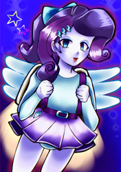 Size: 750x1066 | Tagged: source needed, safe, artist:tokosamon999, rarity, human, equestria girls, g4, belt, belt buckle, blue panties, blue underwear, bow, clothes, female, flying, hair bow, happy, jetpack, long sleeved shirt, long sleeves, open mouth, panties, paraskirt, raripanty, shirt, skirt, solo, underwear