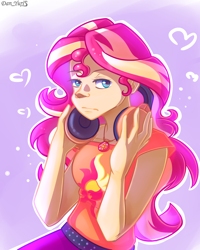 Size: 1436x1793 | Tagged: safe, artist:yuris, sunset shimmer, human, equestria girls, g4, my little pony equestria girls: better together, clothes, female, geode of empathy, headphones, jewelry, magical geodes, pendant, simple background, solo
