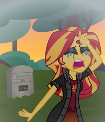 Size: 4944x5760 | Tagged: safe, artist:emeraldblast63, sunset shimmer, human, comic:the tale of two sunsets, equestria girls, g4, absurd resolution, crying, eyeshadow, female, gravestone, human sunset, makeup, running makeup, solo, story included, text, wall of text