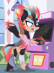 Size: 1062x1454 | Tagged: safe, artist:anonymous, kirin, nirik, g4, /ptfg/, angry, arcade, broken, brown hair, burning clothes, clothes, cloven hooves, female, human to kirin, light skin, mid-transformation, open mouth, sharp teeth, show accurate, socks, solo, teeth, torn clothes, torn socks, transformation