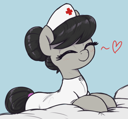 Size: 2520x2350 | Tagged: safe, artist:t72b, octavia melody, earth pony, pony, g4, alternate clothes, alternate hairstyle, background pony, bed, cute, daaaaaaaaaaaw, eyes closed, female, floating heart, hair bun, hat, heart, high res, leaning, mare, nurse, nurse hat, nurse outfit, smiling, solo, tavibetes, weapons-grade cute