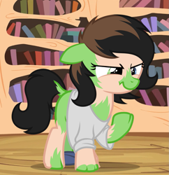 Size: 1015x1048 | Tagged: safe, artist:anonymous, oc, oc only, oc:filly anon, earth pony, human, pony, /ptfg/, brown hair, clothes falling off, dock, engrish in the description, eye color change, female, filly, floppy ears, foal, golden oaks library, human to pony, light skin, mid-transformation, show accurate, solo, tail, transformation