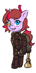 Size: 896x1792 | Tagged: safe, artist:multiverseequine, derpibooru exclusive, oc, oc only, oc:vanity, pony, unicorn, amputee, bag, boots, clothes, female, full body, glowing, glowing eyes, horn, jacket, multicolored hair, prosthetic eye, prosthetic leg, prosthetic limb, prosthetics, raised hoof, saddle bag, scar, shoes, simple background, smiling, solo, torn ear, transparent background, unicorn oc