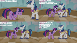 Size: 4400x2475 | Tagged: safe, edit, edited screencap, editor:quoterific, screencap, shining armor, twilight sparkle, pony, unicorn, a canterlot wedding, g4, annoyed, armor, brother and sister, confused, female, forgetting, frown, grin, height difference, implied princess cadance, male, mare, physique difference, siblings, smiling, sparkle siblings, stallion, unicorn twilight, unshorn fetlocks