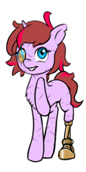 Size: 896x1792 | Tagged: safe, artist:multiverseequine, derpibooru exclusive, oc, oc only, oc:vanity, pony, unicorn, amputee, female, full body, glowing, glowing eyes, horn, multicolored hair, prosthetic eye, prosthetic leg, prosthetic limb, prosthetics, raised hoof, scar, simple background, smiling, solo, torn ear, transparent background, unicorn oc