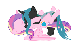 Size: 3840x2160 | Tagged: safe, artist:duran301, princess cadance, queen chrysalis, alicorn, changeling, changeling queen, pony, g4, base used, female, high res, infidelity, lesbian, ship:cadalis, shipping, simple background, snuggling, transparent background