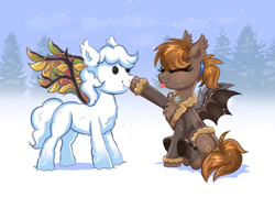 Size: 2656x1897 | Tagged: safe, artist:confetticakez, oc, oc only, oc:umber, bat pony, pony, :p, bat pony oc, blushing, boop, boots, clothes, fangs, forest, glasses, jacket, shoes, sitting, snow, snowfall, snowpony, solo, spread wings, tongue out, underhoof, wings