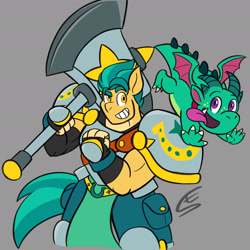 Size: 1920x1920 | Tagged: safe, artist:speed-fiend, hitch trailblazer, sparky sparkeroni, dragon, earth pony, anthro, g5, armor, axe, baby, baby dragon, battle axe, dungeons and dragons, duo, fantasy class, gray background, grin, knight, male, muscles, muscular male, paladin, pauldron, pen and paper rpg, rpg, shredded hitch, signature, simple background, smiling, warrior, weapon