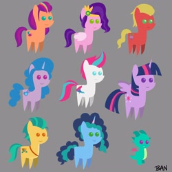 Size: 3000x3000 | Tagged: safe, artist:banquo0, hitch trailblazer, izzy moonbow, misty brightdawn, pipp petals, sparky sparkeroni, sprout cloverleaf, sunny starscout, twilight sparkle, zipp storm, alicorn, dragon, earth pony, pegasus, pony, unicorn, g4, g5, baby, baby dragon, female, high res, male, mane five, mane seven (g5), mane six (g5), mare, pointy ponies, simple background, stallion, twilight sparkle (alicorn)