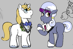 Size: 523x352 | Tagged: safe, artist:dsstoner, hoity toity, prince blueblood, earth pony, pony, unicorn, g4, bowtie, clothes, colt, duo, foal, glasses, gray background, male, missing cutie mark, no cutie marks yet, simple background, sunglasses, younger