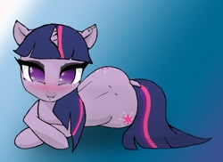 Size: 1360x989 | Tagged: safe, artist:mangofoxx, twilight sparkle, pony, unicorn, g4, blushing, both cutie marks, dimples of venus, dock, ear piercing, gradient background, lip bite, looking at you, no pupils, piercing, solo, tail, unicorn twilight