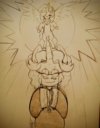 Size: 3082x3951 | Tagged: safe, artist:dsstoner, fancypants, princess celestia, alicorn, pony, unicorn, g4, alternate universe, bowing, clothes, crepuscular rays, eyes closed, flying, glasses, goddess, high res, praise the sun, praying, priest, rosary, spread wings, sun, traditional art, wings