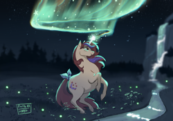 Size: 2388x1668 | Tagged: safe, artist:nightprince-art, moondancer (g1), pony, unicorn, g1, aurora borealis, bow, female, glowing, glowing horn, horn, looking up, mare, night, rearing, river, signature, solo, stream, tail, tail bow, water