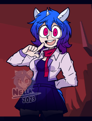 Size: 1500x1975 | Tagged: safe, artist:gempainter32, oc, oc only, oc:diamond nella, human, unicorn, anthro, arm behind back, blue dress, blue hair, blue mane, blue tail, clothes, complex background, digital art, ear fluff, eye clipping through hair, eyebrows, eyebrows visible through hair, female, gradient mane, hell, helltaker, horn, ibispaint x, jacket, looking at you, magenta eyes, open mouth, pointing at self, red background, scarf, simple background, skirt, solo, tail, unicorn oc, watermark