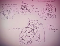 Size: 4101x3109 | Tagged: safe, artist:dsstoner, idw, fancypants, pinkie pie, earth pony, pony, unicorn, g4, reflections, spoiler:comic, alternate universe, clothes, comic, crying, fur coat, hug, implied shipping, magic, magic aura, sitting, sitting on lap, text, traditional art