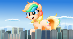 Size: 1472x800 | Tagged: safe, artist:jhayarr23, oc, oc only, oc:candy sparkles, earth pony, pony, building, chest fluff, city, female, giant pony, giantess, macro, mare, open mouth, plane, smiling, solo