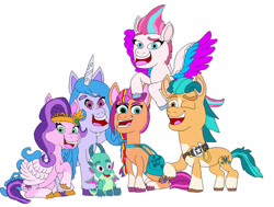 Size: 900x681 | Tagged: artist needed, source needed, safe, hitch trailblazer, izzy moonbow, pipp petals, sparky sparkeroni, sunny starscout, zipp storm, dragon, earth pony, pegasus, pony, unicorn, g5, spoiler:g5, baby, baby dragon, blaze (coat marking), coat markings, creepy, facial markings, female, fluttershy's cutie mark, male, mane five, mane stripe sunny, mare, nightmare fuel, pale belly, pins, rainbow dash's cutie mark, sash, satchel, sheriff's badge, simple background, socks (coat markings), stallion, twilight sparkle's cutie mark, unshorn fetlocks, white background