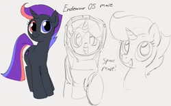 Size: 1199x742 | Tagged: safe, artist:dotkwa, oc, oc only, pony, unicorn, endeavour os, female, heterochromia, horn, mare, partial color, ponified, sketch, smiling, solo, spacesuit, unicorn oc