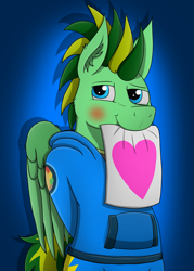 Size: 3511x4903 | Tagged: safe, artist:tacomytaco, oc, oc only, oc:taco.m.tacoson, pegasus, pony, bipedal, blushing, clothes, hands behind back, heart, hoodie, looking at you, male, mouth hold, paper, pegasus oc, shorts, simple background, solo, wings