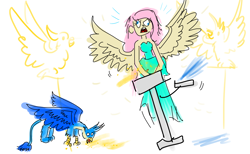 Size: 5200x3200 | Tagged: safe, artist:horsesplease, fluttershy, gallus, bird, cockatoo, human, equestria girls, g4, behaving like a bird, bird seed, clothes, derp, dress, flutterbird, gallus the rooster, majestic as fuck, screaming, spread wings, stylistic suck, tray, winged, winged human, wings