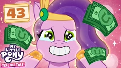Size: 1280x720 | Tagged: safe, screencap, pipp petals, pegasus, pony, bridlewood spog, g5, my little pony: tell your tale, spoiler:tyts01e43, crying, female, happy, mare, money, my little pony logo, smiling, solo focus, tears of joy, thumbnail