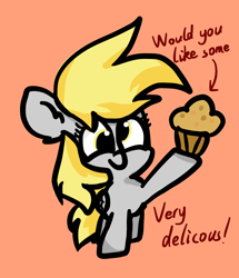 Size: 846x985 | Tagged: safe, artist:riverdawn404, derpy hooves, pegasus, pony, g4, arrow, cute, female, food, happy, holding, mare, muffin, newbie artist training grounds, orange background, simple background, solo, that pony sure does love muffins