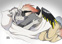 Size: 3000x2176 | Tagged: source needed, safe, artist:daxelsin, oc, oc:chel silktail, oc:yiazmat, griffon, unicorn, anthro, blanket, couple, cushion, duo, female, griffon oc, hand, high res, horn, male, scar, ship:yiaztail, shipping, snuggling, tail, unicorn oc, wings