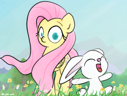 Size: 4000x3000 | Tagged: safe, artist:widelake, angel bunny, fluttershy, pegasus, pony, rabbit, g4, angelbetes, animal, cute, duo, female, flower, grass, high res, male, mare, mountain, open mouth, smiling