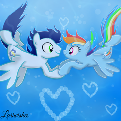 Size: 1300x1300 | Tagged: safe, artist:mlplary6, rainbow dash, soarin', pegasus, pony, g4, boyfriend and girlfriend, bubble, crepuscular rays, female, floating heart, flowing mane, flowing tail, heart, holding hooves, looking at each other, looking at someone, male, mare, ocean, ship:soarindash, shipping, smiling, smiling at each other, spread wings, stallion, straight, sunlight, swimming, tail, underwater, water, wings