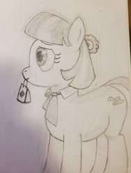 Size: 969x1280 | Tagged: safe, artist:raritymylove, coco pommel, earth pony, pony, g4, bag, female, flower, flower in hair, jewelry, mare, necklace, sketch, traditional art