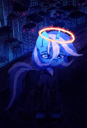 Size: 2599x3825 | Tagged: safe, artist:menalia, oc, oc only, oc:freezy coldres, pony, unicorn, building, city, cityscape, clothes, emotionless, female, halo, high res, horn, jacket, mare, night, outdoors, pants, rooftop, shirt, shoes, solo, standing, unicorn oc