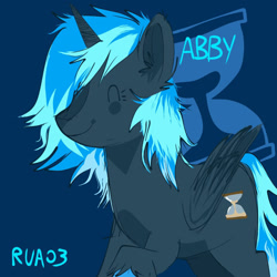 Size: 1170x1170 | Tagged: safe, artist:rua03, oc, oc only, oc:abyssal star, alicorn, pony, abbycorn, alicornified, beyond this world, black coat, blue background, blue hair, blue mane, eyes closed, female, fluffy hair, fluffy mane, hourglass, hourglass cutie mark, mare, multicolored hair, multicolored mane, race swap, short hair, short mane, simple background, smiling, solo