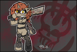 Size: 1338x911 | Tagged: safe, artist:scarletdoodle, oc, oc only, oc:rusty edge, pony, unicorn, fallout equestria, armor, armored pony, bipedal, blood, blood stains, brown coat, clothes, fallout, female, machete, mare, orange mane, raider, ripped stockings, solo, stockings, thigh highs, torn clothes, weapon, yellow eyes