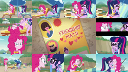 Size: 1280x721 | Tagged: safe, editor:quoterific, lily pad (g4), pinkie pie, sci-twi, twilight sparkle, human, equestria girls, friendship math, g4, my little pony equestria girls: better together, barefoot, beach, beach ball, clothes, cupcake, eyes closed, feet, female, food, glasses, hug, legs, magazine, one-piece swimsuit, open mouth, soda, swimsuit
