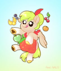 Size: 922x1060 | Tagged: safe, artist:avui, oc, oc only, oc:pixie, pegasus, pony, apple, blueberry, cherry, chibi, food, fruit, gradient background, herbivore, pegasus oc, solo, strawberry, tongue out
