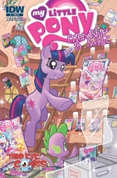 Size: 1349x2048 | Tagged: safe, artist:tony fleecs, idw, official comic, spike, twilight sparkle, dragon, pony, unicorn, g4, micro-series #1, my little pony micro-series, official, 2013, box, comic, comic book, comic cover, cover, cover art, duo focus, female, glowing, glowing horn, golden oaks library, horn, ladder, magic, magic aura, male, mare, telekinesis, third eye comics, unicorn twilight, variant cover