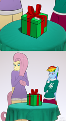 Size: 3000x5521 | Tagged: safe, artist:fluffyorbiter, fluttershy, rainbow dash, pegasus, anthro, g4, box, clothes, comic, drapes, female, height difference, lesbian, present, ship:flutterdash, shipping, size difference, smoldash, sweater, sweatershy, table, tallershy, thinking