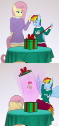 Size: 3000x6372 | Tagged: safe, artist:fluffyorbiter, fluttershy, rainbow dash, pegasus, anthro, g4, box, clothes, comic, covering, drapes, duo, female, height difference, lesbian, mistletoe, present, pulling, scared, scaredy dash, ship:flutterdash, shipping, size difference, smoldash, spread wings, sweater, sweatershy, table, tallershy, wing covering, wings