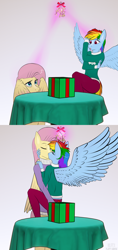 Size: 3000x6370 | Tagged: safe, artist:fluffyorbiter, fluttershy, rainbow dash, pegasus, anthro, g4, box, clothes, comic, covering, drapes, duo, female, height difference, kiss on the lips, kissing, lesbian, mistletoe, present, scaredy dash, ship:flutterdash, shipping, size difference, smoldash, spread wings, sweater, sweatershy, table, tallershy, wing covering, wings