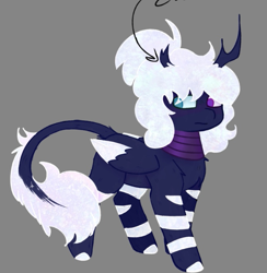 Size: 651x666 | Tagged: safe, artist:notthebadguy, oc, oc only, oc:midnight sacrament, pegasus, pony, antlers, blushing, broken horn, colored hooves, colored wings, curly hair, curly mane, eye clipping through hair, gray background, heterochromia, horn, horns, leg stripes, leonine tail, looking away, old art, pegasus oc, pegasus wings, shy, simple background, solo, stripes, tail, wings