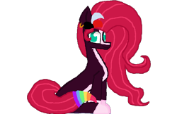 Size: 700x453 | Tagged: safe, artist:princessmoonlight, oc, oc only, oc:painted lilly, cute, dc comics, ear piercing, harley quinn, looking at you, multicolored mane, multicolored tail, nonbinary, piercing, simple background, sitting, smiling, solo, tail, transparent background, wavy mane