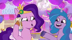Size: 1280x720 | Tagged: safe, screencap, izzy moonbow, pipp petals, pegasus, pony, raccoon, raccoonicorn, unicorn, bridlewood spog, g5, my little pony: tell your tale, spoiler:g5, spoiler:my little pony: tell your tale, spoiler:tyts01e43, abdominal bulge, abstract background, animal, animated, bloated, burp, cellphone, confused, disco ball, female, frown, headband, mare, motion lines, phone, pinpoint eyes, sound, sweat, sweatdrop, talking, upset, webm, youtube link