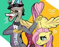 Size: 2500x2000 | Tagged: safe, artist:papacruda09, idw, accord, fluttershy, draconequus, pegasus, pony, g4, blushing, butt, duo, duo male and female, female, flutterbutt, high res, looking at each other, looking at someone, male, mare, open mouth, plot, smiling, spread wings, tail, tail pull, wavy mouth, wings